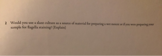 2 Would you use a slant culture as a source of material for preparing a wet mount or if you were preparing your sample for fl