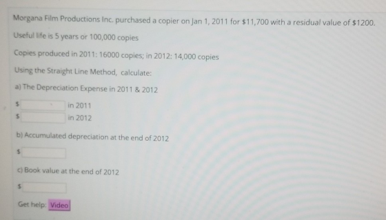 Morgana Film Productions Inc. purchased a copier on Jan 1, 2011 for $11,700 with a residual value of $1200. Useful life is 5