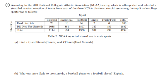 5) According to the 2001 National Collegiate Athletic Association (NCAA) survey, which is self-reported and asked of a strati
