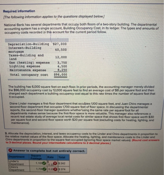 Required information [The following information applies to the questions displayed below.) National Bank has several departme