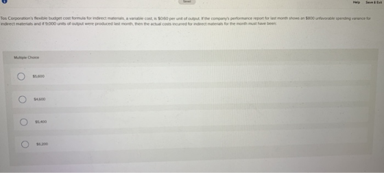 Tos Corporations flexible budget cost formula for indirect materials a variable cost, is $0 60 per unit of output. If the co