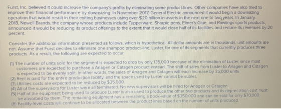 Furst, Inc. believed it could increase the companys profits by eliminating some product lines. Other companies have also tri