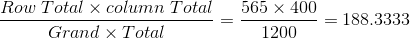 Row Total x column Total Grand x Total 565 x 400 -= 188.3333 1200