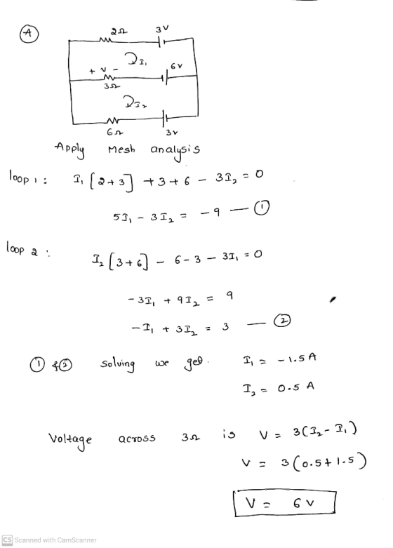 3 V A 20 6 V + V- 32 Ray 6 3 Mesh Apply analysis 11 (2+3] +3+6 loop 1 : 31, -0 -9 51,- 312 = loop a I (3+6] - 6- 3 – 31, = 0