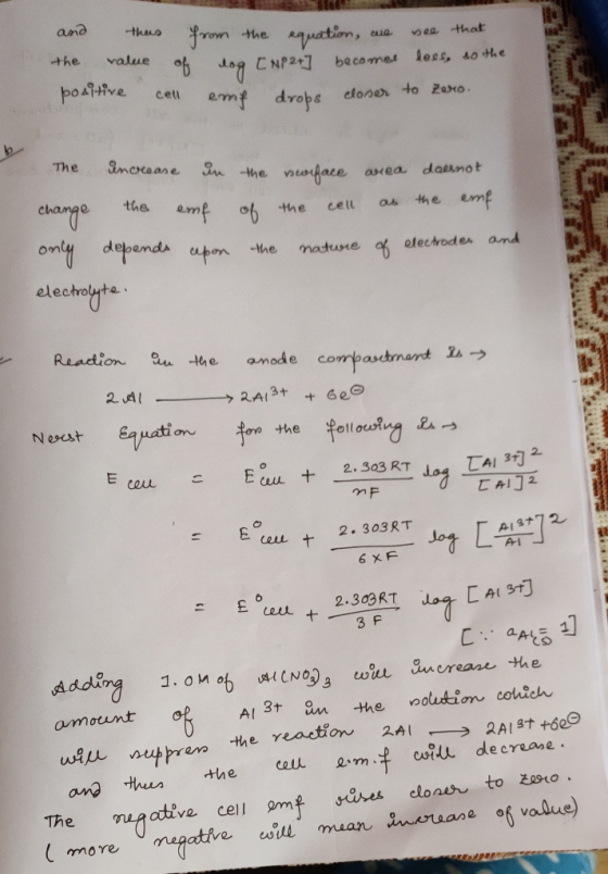 and thus the value of positive cell from the equation, we see that dog [NP 2+] becomes less, so the emf drops closer to The c