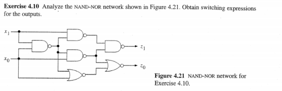 Exercise 4.10 Analyze the NAND-NOR network shown in Figure 4.21. Obtain switching expressions for the outputs. 2 0 Figure 4.21 NAND-NOR network for Exercise 4.10