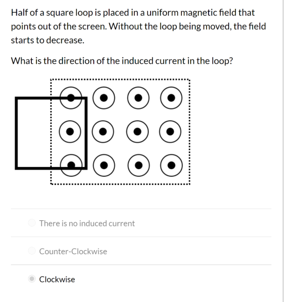 Half of a square loop is placed in a uniform magnetic field that points out of the screen. Without the loop being moved, the