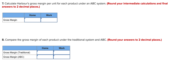 7. Calculate Harbours gross margin per unit for each product under an ABC system. (Round your intermediate calculations and