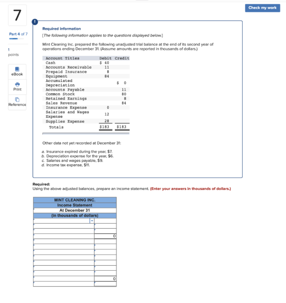 Check my work Part 4 of 7 Required information (The following information applies to the questions displayed below.) Mint Cle