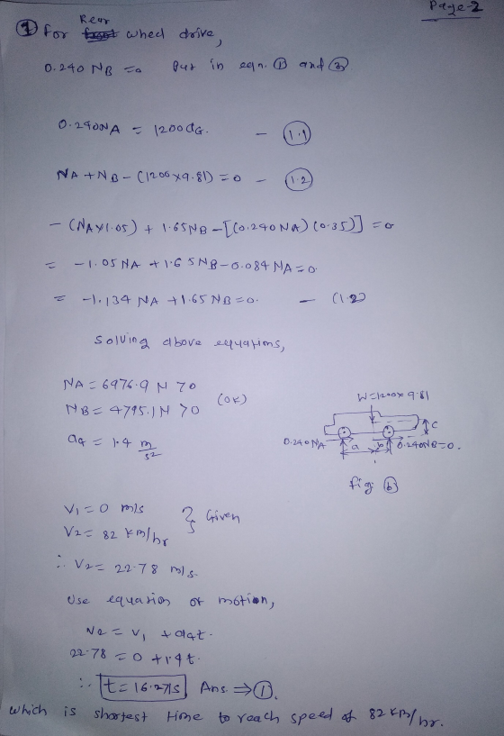 Page 2 Rear 1 for fight when drive, 0.240 NB to put in egn. ② and 3 0.2400A = 1200dG. INAINB- (1200x9.81) = 0 1.2 -CNAX1.05)