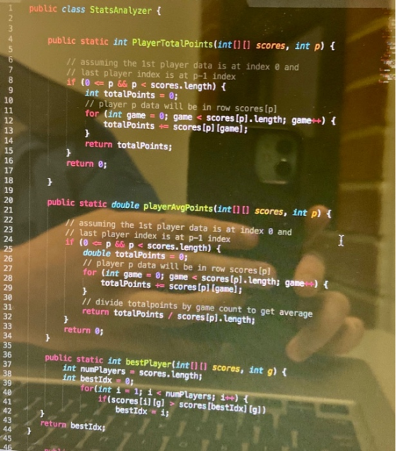 public class StatsAnalyzer { public static int PlayerTotalPoints(int[] [] scores, int p) { // assuming the 1st player data is