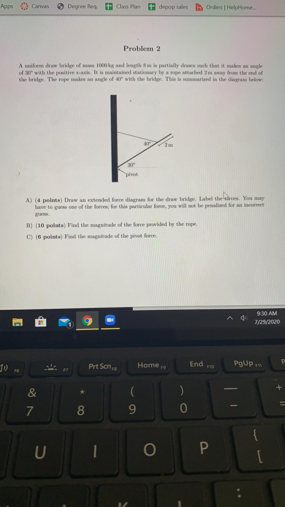 Apps Canvas 3 Degree Req. Class Plan depop sales Orders HelpHome... Problem 2 A uniform draw bridge of mass 1000 kg and lengt