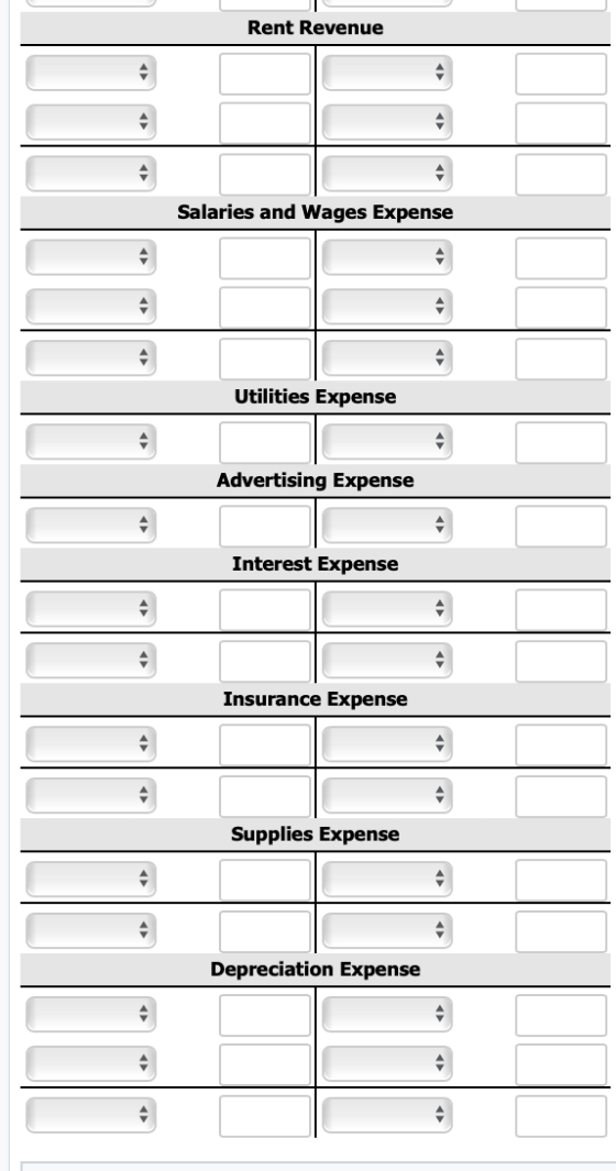Rent Revenue Salaries and Wages Expense Utilities Expense Advertising Expense Interest Expense Insurance Expense Supplies Exp