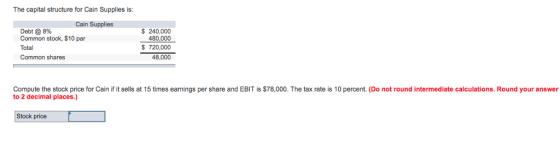 The capital structure for Cain Supplies is: Cain Supplies Debt @ 8% Common stock, $10 par Total Common shares S 240,000 480,000 720,000 Compute the stock price for Cain if it sells at 15 times earnings per share and EBIT is $78,000. The tax rate is 10 percent. (Do not round intermediate calculations. Round your answer to 2 decimal places.) Stock price