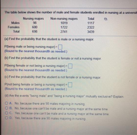 The table below shows the number of male and female students enrolled in nursing at a universit Nursing majors Non-nursing majors Total Males Females Total 98 600 698 1019 1722 2741 2322 3439 (a) Find the probability that the student is male or a nursing major P(being male or being nursing major) (Round to the nearest thousandth as needed.) (b) Find the probability that the student is female or not a nursing major P(being female or not being a nursing major)- (Round to the nearest thousandth as needed.) (c) Find the probability that the student is not female or a nursing major Pnot being female or being a nursing major)- Round to the nearest thousandth as needed (d) Are the events being male and being a nursing major mutually exclusive? Explain. O A. No. because there are 98 males majoring in nursing O B. No because one cant be male and a nursing major at the same time O c. Yes, because one cant be male and a nursing major at the same time 0 D. Yes, because there are 98 males majoring in nursing