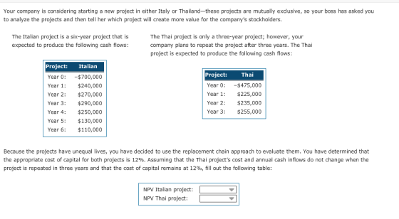 Your company is considering starting a new project in either Italy or Thailand-these projects are mutually exclusive, so your