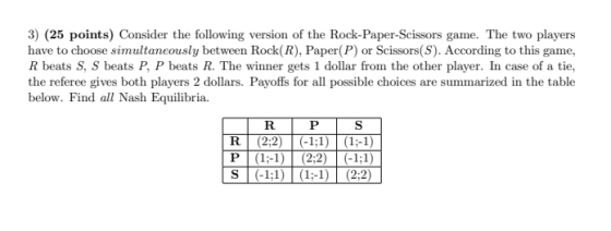 3) (25 points) Consider the following version of the Rock-Paper-Scissors game. The two players have to choose simultaneously