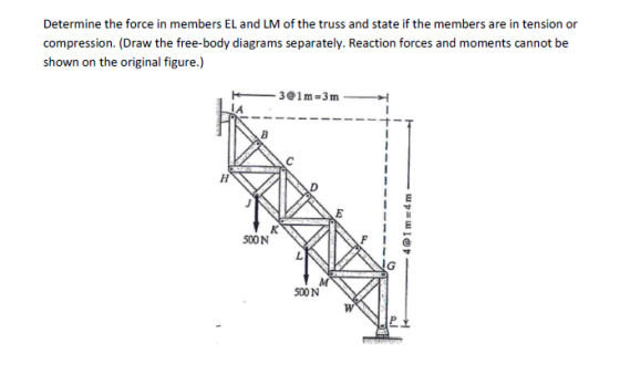 Determine the force in members EL and LM of the truss and state if the members are in tension or compression. (Draw the free-