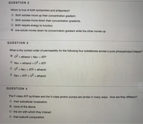 QUESTION 2 Which is true of both symporters and antiporters? O Both solutes move up their concentration gradient. Both solute