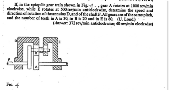 If, in the epicyclic gear train shown in Fig 4. .gear A rotates at 1000rev/min clockwise, while E rotates at 500 rev/min anti