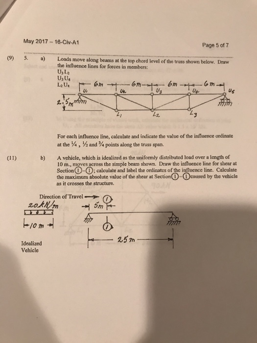 May 2017-16-Civ-A1 Page 5 of 7 (9) S. a) Loads move along beams at the top chord level of the truss shown below. Draw the influence lines for forces in members: U3L2 U3 U4 6m om n. Us For each influence line, calculate and indicate the value of the influence ordinate atthe ¼Mand ¾ points along the truss span. A vehicle, which is idealized as the uniformly distributed load over a length of 10 m., moves across the simple beam shown. Draw the influence line for shear at Section -; calculate and label the ordinates of the influence line. Calculate the maximum absolute value of the shear at Sectionⓛ_( caused by the vehicle as it crosses the structure. b) Direction of Travel Idealized Vehicle