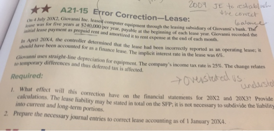 A21-15 Error Correction-Lease: 2004 JE to restablish - the correct July 20X2, Giovanni Inc, lease balance base was for five y
