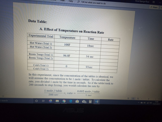 View Help Tell me what you want to do Essie Njenga-Rose D Share Data Table: A. Effect of Temperature on Reaction Rate Experim