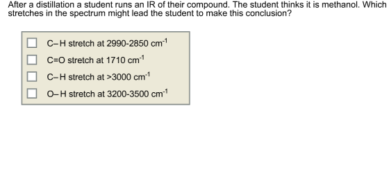 Image for After a distillation a student runs an IR of their compound. The student thinks it is methanol. Which stretche