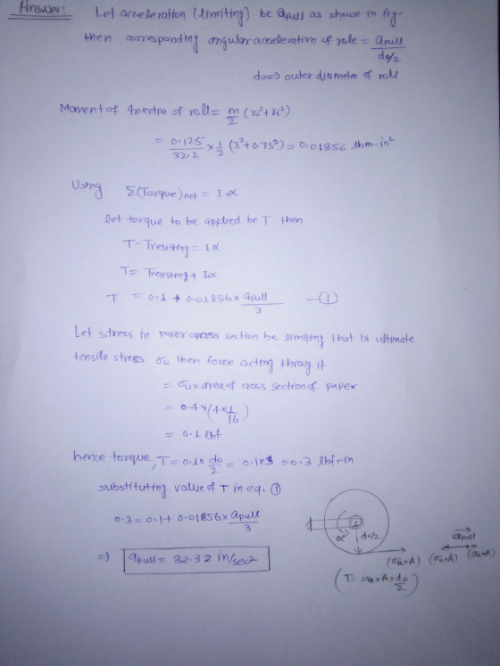 Answer! Let acceleration Limiting) be apie as shown in fata then correspondin ular acceleration of role - apell do/ do=) oute