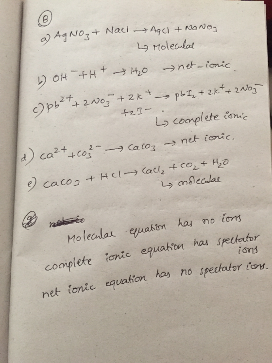 a) AgNO₃+ Nail Agcl + Nano, y Molecular 1 OH TH+ H₂O net-ionic f2I- c) pb²+ + 2NO3 +2kt - pb I + 2k + + 2No5 L complete ionic