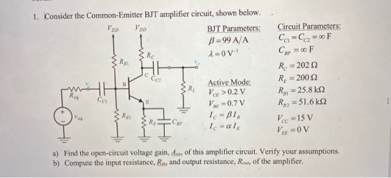 1. Consider the Common-Emitter BJT amplifier circuit, shown below. VD VOD BJT Parameters: B=99 A/A i=0 RE Co Circuit Paramete