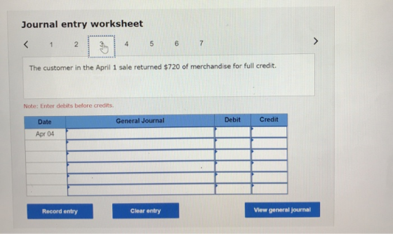Journal entry worksheet < 1 2 3 4 5 6 > 7 The customer in the April 1 sale returned $720 of merchandise for full credit. Note