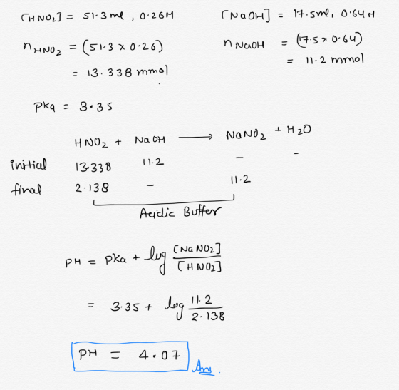 THNO2] = 51.3 me, 0.26M MANO2 = (51-3X0-20) = 13. 338 mmol rNaon] = 17.sme, 0.64M n NAOH = 7s > 0 su) = 11-2 mmol pkq = 3.35