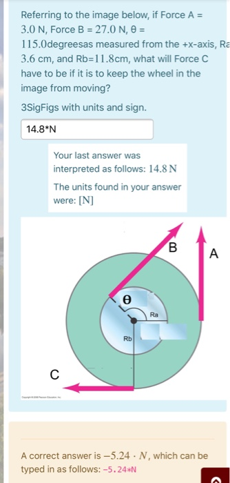 Referring to the image below, if Force A = 3.0 N, Force B = 27.0 N, P = 115.0degreesas measured from the +X-axis, Ra 3.6 cm,