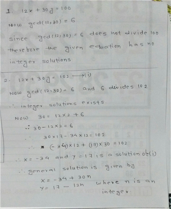 NO 12x + 30 g = 100 gcd(12,30) = 6 since god (12) 30) = 6 does not divide 100 therefore the given ecuation has no integer sol