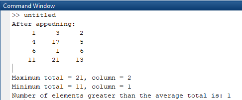 Command Window >>untitled After appedning 1 2 4 17 6 1 13 11 21 Maximum total 21, column 2 Minimum total = 1 11, column Numbe