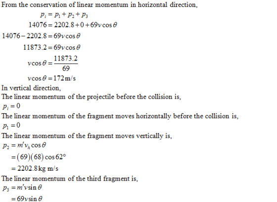 From the conservation of linear momentum in horizontal direction, 14076-2202.8+ 0 +69v cos θ 14076-2202-8-69v cos θ 11873.2 6