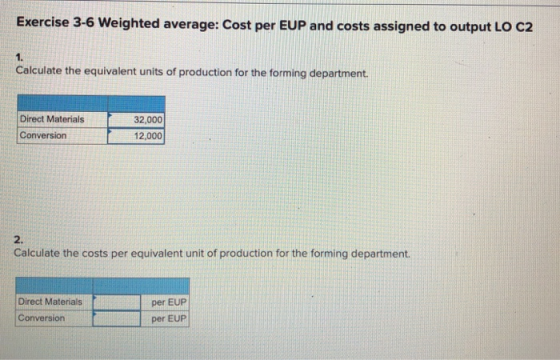Exercise 3-6 Weighted average: Cost per EUP and costs assigned to output LO C2 Calculate the equivalent units of production f