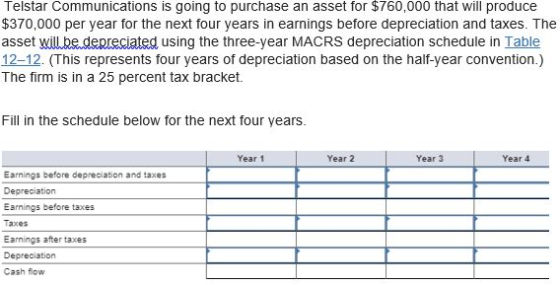Telstar Communications is going to purchase an asset for $760,000 that will produce $370,000 per year for the next four years