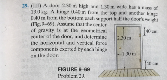 29. (III) A door 2.30 m high and 1.30 m wide has a mass of 13.0 kg. A hinge 0.40 m from the top and another hinge 0.40 m from the bottom each support half the doors weight (Fig.9-69). Assume that the center of gravity is at the geometrical center of the door, and determine 2.30 m the horizontal and vertical force components exerted by each hinge on the door. 40 cm 1.30 m T40 cm FIGURE 9-69 Problem 29.