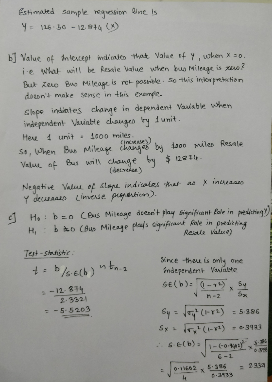 line is Estimated sample regression Y = 126.50 - 12.874 (X) b] Value of Intercept indicates that Value of y, when x=o. ie wha