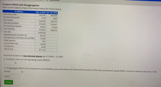 Compute RNOA with Disaggregation Refer to the balance sheet Information below for Home Depot. S millions Feb. 3. 2019 Jan 28,