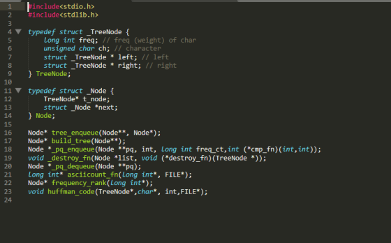 1 #include<stdio.h> #include<stdlib.h> ovo AWN typedef struct _TreeNode { Long int freq; // freq (weight) of char unsigned ch