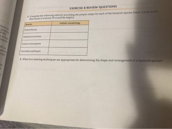 EXERCISE 8 REVIEW QUESTIONS 1. Complete the following table by providing the proper shape for each of the bacterial species l