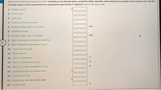Determine the following measures for 2012, rounding to one decimal place, except for dollar amounts, which should be rounded