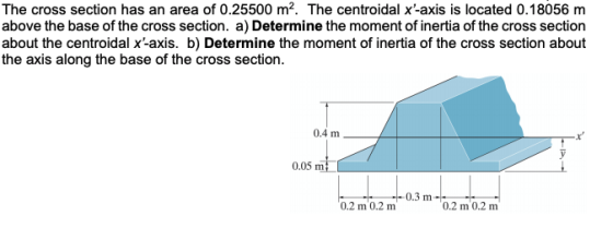 The cross section has an area of 0.25500 m². The centroidal x-axis is located 0.18056 m above the base of the cross section.