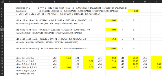 B I CD F. G H 1 3 Maximise z = y z = y = 5 - [x12 + x13 + x14 + x15 - (1 + 1/0.769x21 + 1/0.625x31 + 1/105x41+ 1/0.342x51)] C