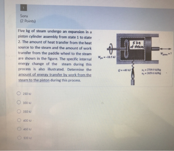 Soru (2 points) Five kg of steam undergo an expansion in a piston cylinder assembly from state 1 to state 2. The amount of he