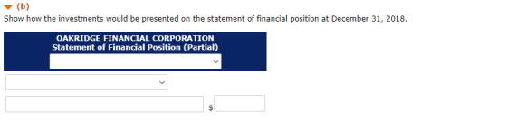 (b) Show how the investments would be presented on the statement of financial position at December 31, 2018. OAKRIDGE FINANCI