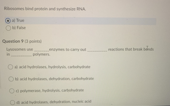 Ribosomes bind protein and synthesize RNA. O a) True b) False Question 9 (3 points) Lysosomes use_ enzymes to carry out_ in -